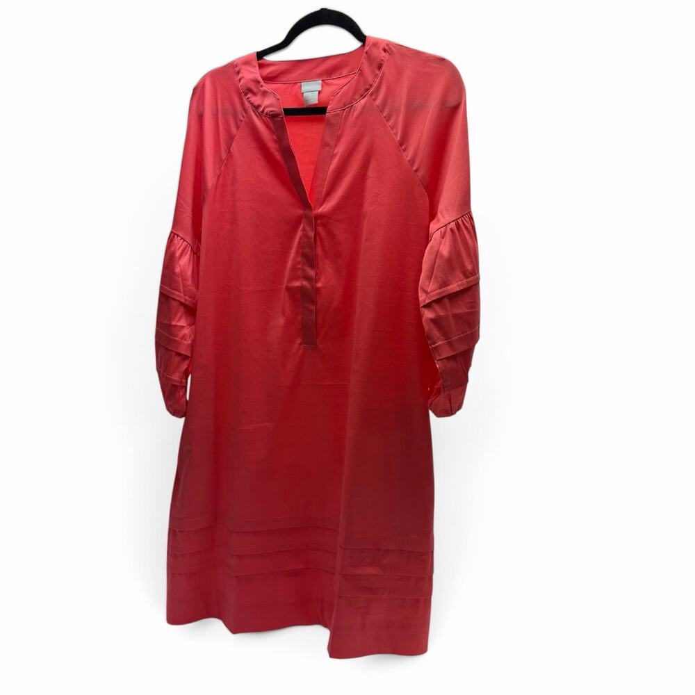 Chico’s Tunic Dress Size 1 Med 8/10 Coral Split Neck 3/4 Sleeve Shift Midi 8/10